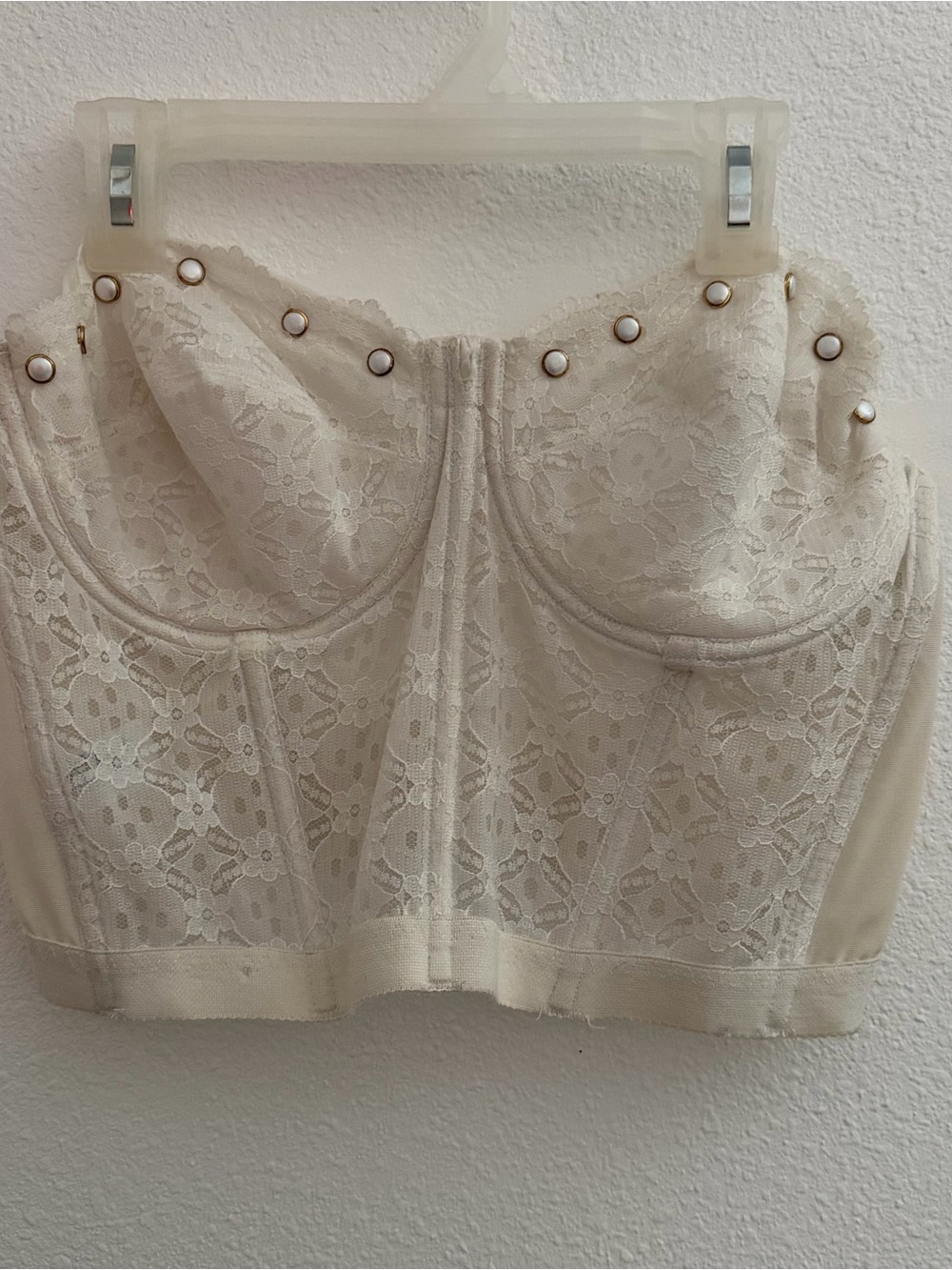 Vintage white lace corset with pearl/brassy studs